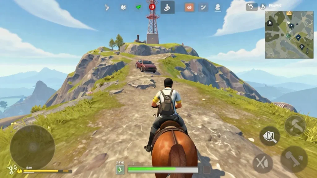 Caballo Free Fire con 300 de vida: cuándo todavía conviene 2 Jugador montado a caballo cruzando un campo abierto y plano mientras recibe disparos de lejos, sin cobertura cerca
