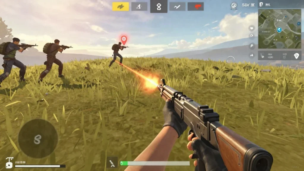 Personajes para la RPK en Free Fire: combos para BR y Clash Squad 2 Jugador tumbado sobre un techo disparando una RPK a media distancia mientras un compañero marca enemigos lejanos en un mapa urbano de Free Fire