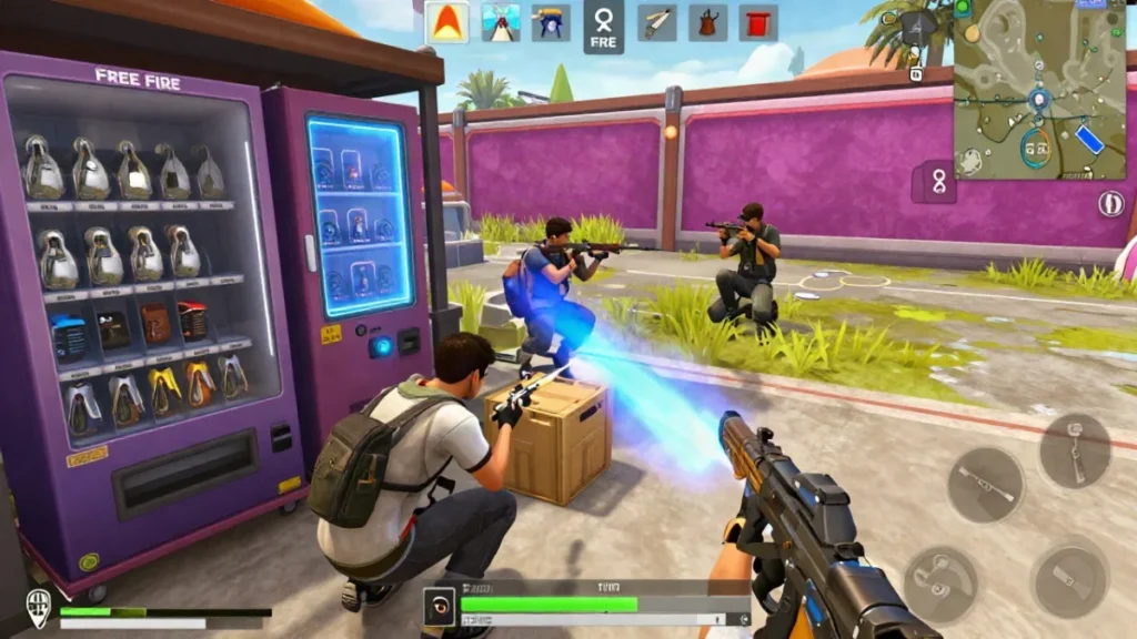 Máquina expendedora Free Fire: qué comprar en Black Friday 2 Personaje agachado detrás de un muro de cobertura mientras un compañero rota por una zona urbana del mapa