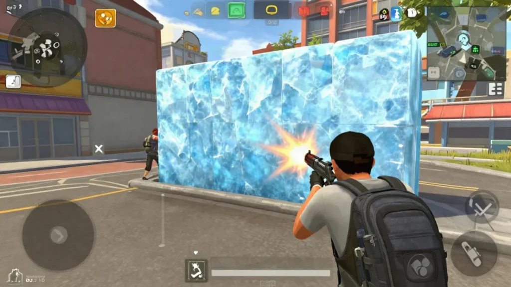 Súper reanimación en Free Fire: la Skorp y cómo aprovecharla 2 Personaje agachado detrás de una gloo wall dentro de una casa, curándose con un botiquín antes de avanzar, mientras se ven rivales lejanos por la ventana