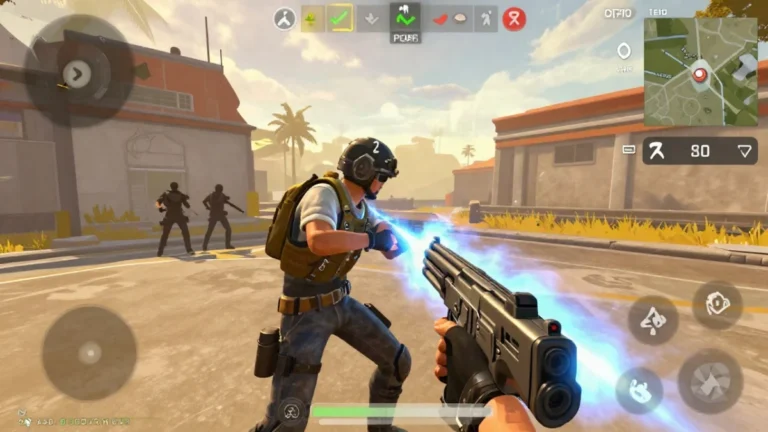 Personaje con casco y chaleco nivel 2 cayendo a una isla tropical de Free Fire, con la Skorp en la mano y una gloo wall desplegada frente a él con la súper reanimación Free Fire