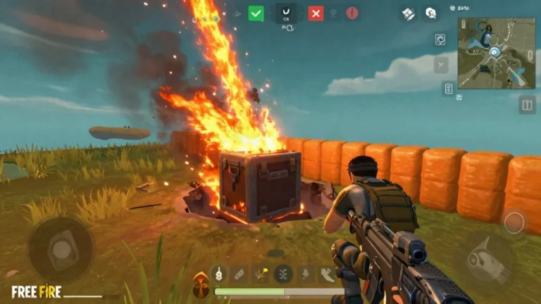Personaje con equipo táctico acercándose con cautela a un cráter de airdrop meteorito Free Fire, con muros de cobertura y brasas alrededor