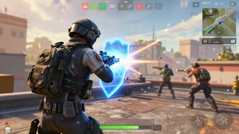 Personaje con equipo táctico cubierto tras un muro de hielo en un mapa tropical de Free Fire, ilustrando los personajes defensivos Free Fire frente a armas de alta penetración