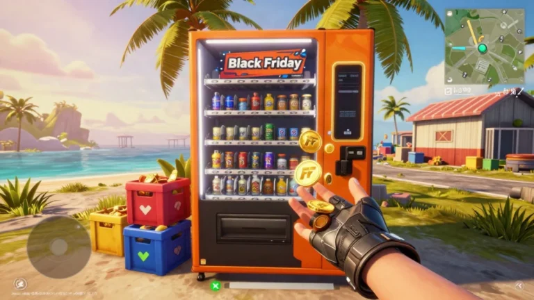 Personaje con equipo táctico frente a una máquina expendedora en un mapa tropical de Free Fire, con muros de cobertura cerca, máquina expendedora Free Fire