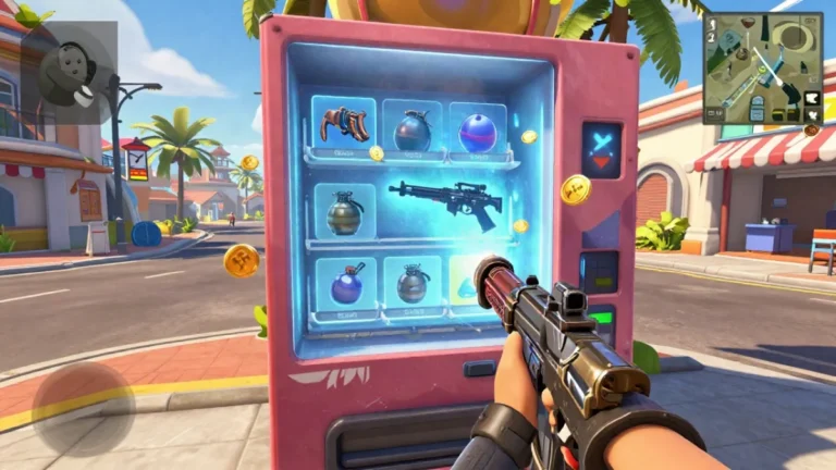 Personaje con equipo táctico junto a una máquina expendedora en una plaza urbana de Bermuda, en una partida de Free Fire con máquinas expendedoras Bermuda en el mapa