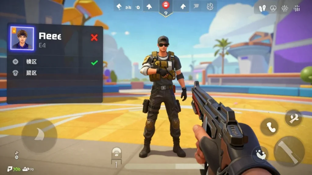 Personaje con equipo táctico revisando el mapa en medio de una aldea tropical durante una partida de battle royale de celular