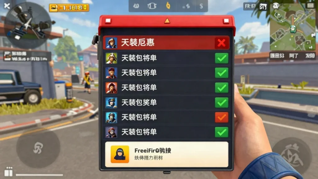 Código canjeado no llegó al buzón de Free Fire: qué hacer 2 Personaje con equipo táctico revisando un cofre de inventario dentro de una zona tranquila de una isla tropical, en una partida de battle royale de celular.