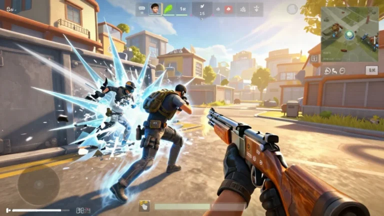 Personaje con escopeta rompiendo una pared de hielo a corta distancia en una partida de Xtrema Free Fire, con un escudo de energía activo alrededor del jugador