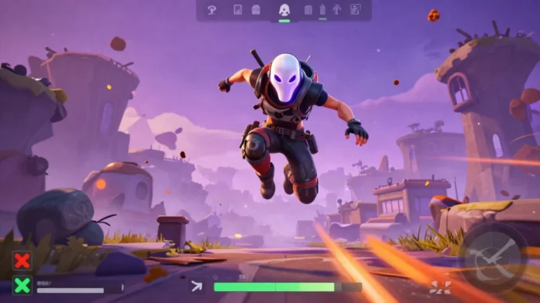 Personaje con máscara del más allá corriendo por un campo abierto de la isla durante la noche, con niebla morada y partículas fantasmales alrededor, en una captura de gameplay de Free Fire