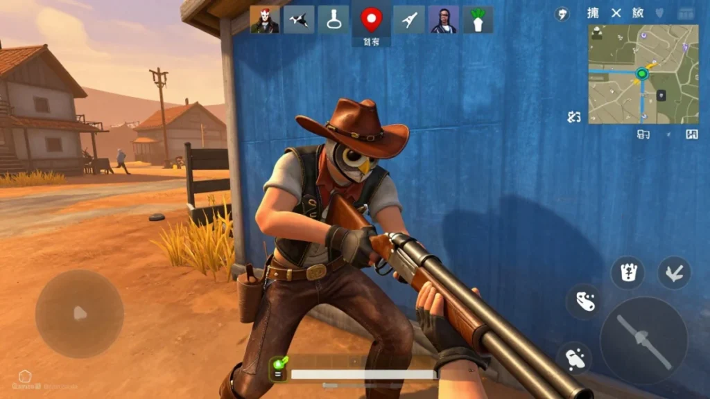 Personaje de Free Fire con escopeta en mano, pantalón de mezclilla y torso oscuro con detalles dorados en las botas, cubierto tras un muro de hielo en la isla.