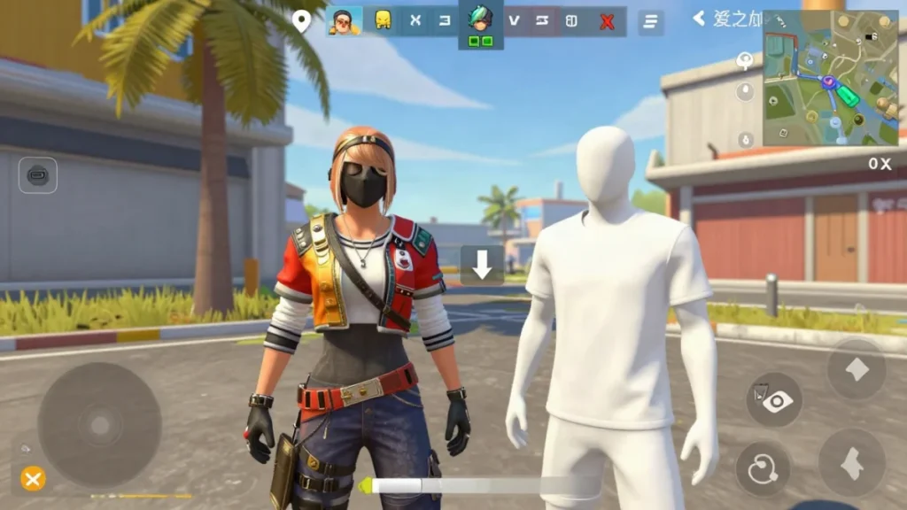 Cambiar de ropa en Free Fire durante el emparejamiento con presets 2 Personaje de Free Fire con ropa básica en la sala mientras la escuadra espera, con la pantalla de carga hacia la isla al fondo