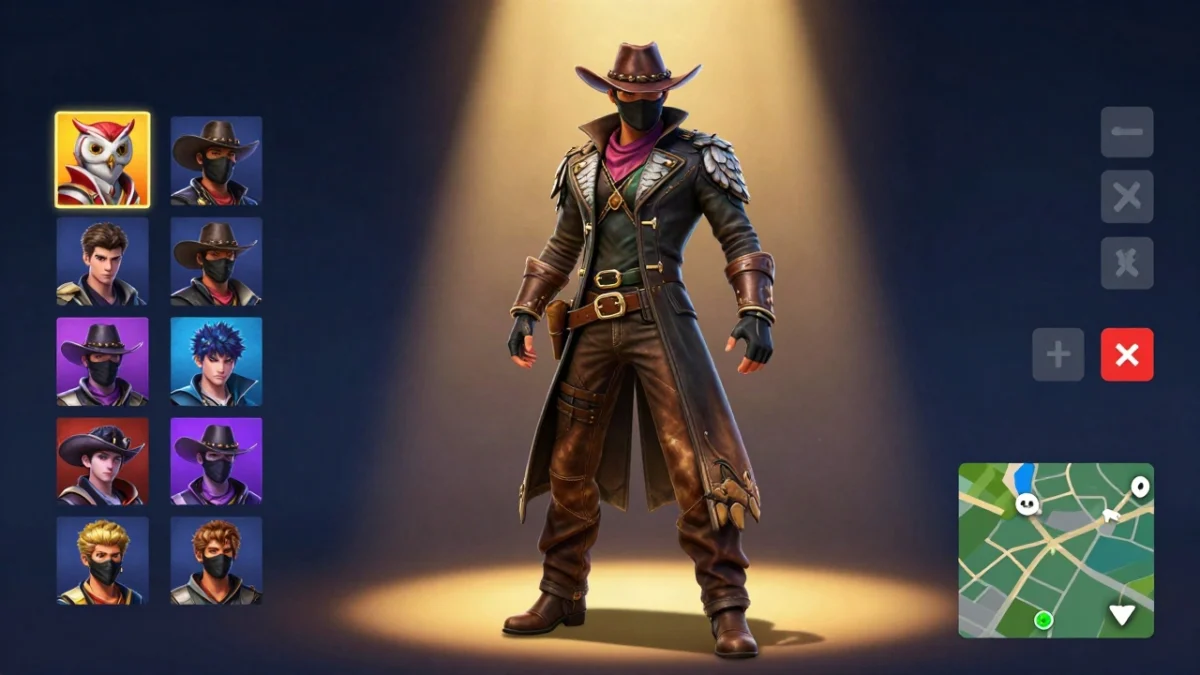 Personaje de Free Fire con skins de vaquero Free Fire, sombrero de ala ancha y máscara oscura de búho, de pie junto a una cerca de madera al atardecer en la isla.