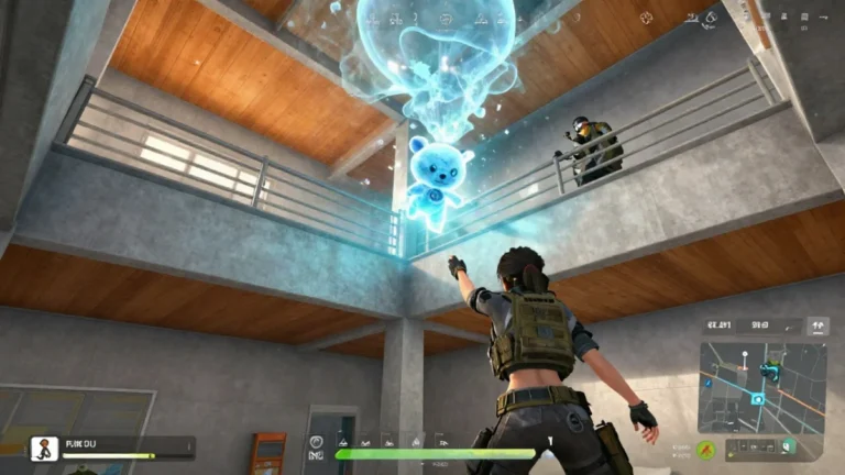 Personaje de Free Fire lanzando un peluche de Nero Free Fire que atraviesa el techo de una casa de dos pisos mientras un compañero sube por la escalera con escopeta