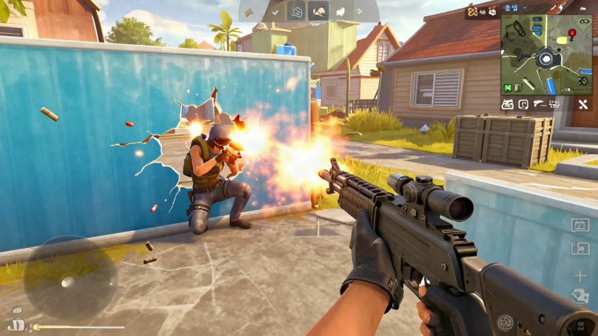 Personaje de un battle royale de celular disparando una ametralladora ligera desde detrás de un muro de cobertura en una isla tropical, como en una partida de rpk Free Fire