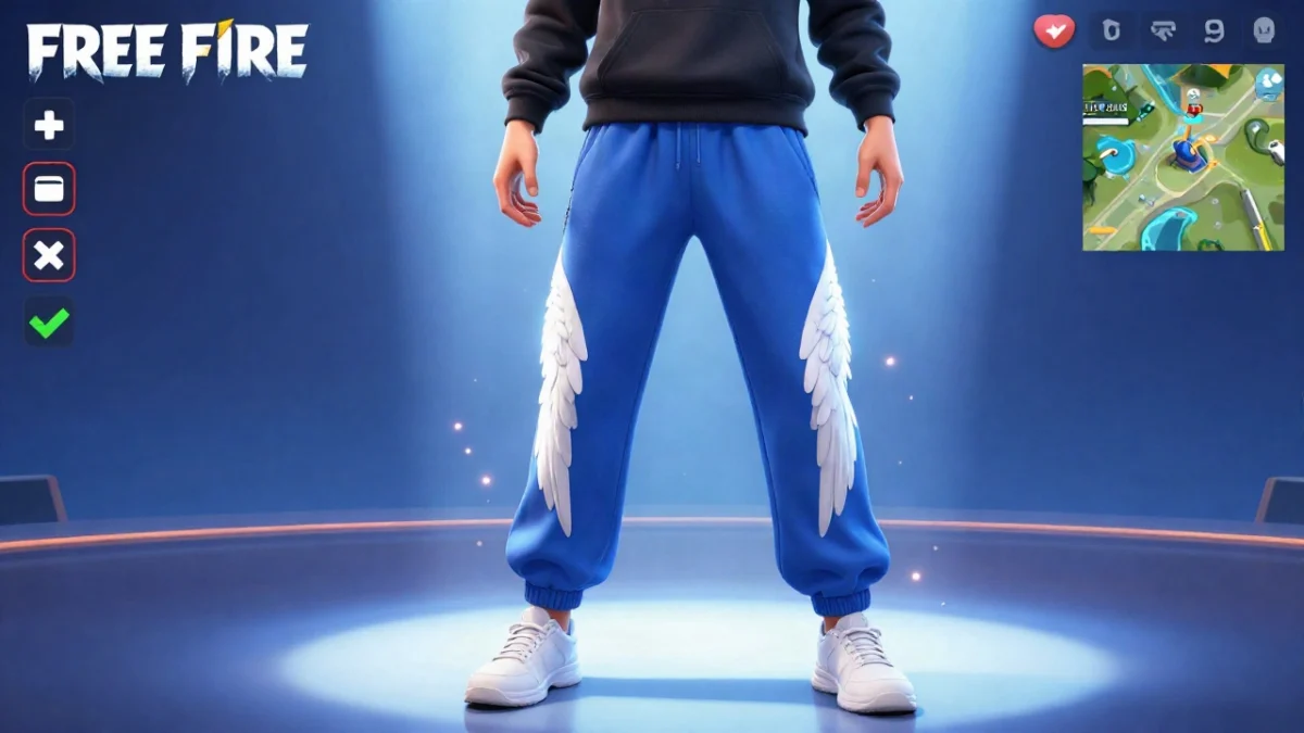 Pantalón angelical Free Fire: por qué es raro y si volverá 1 Personaje de un battle royale de celular con un pantalón azul con alas blancas brillantes a los costados de las piernas, de pie junto a un muro de hielo en una isla tropical, en pleno pantalón angelical Free Fire de partida.