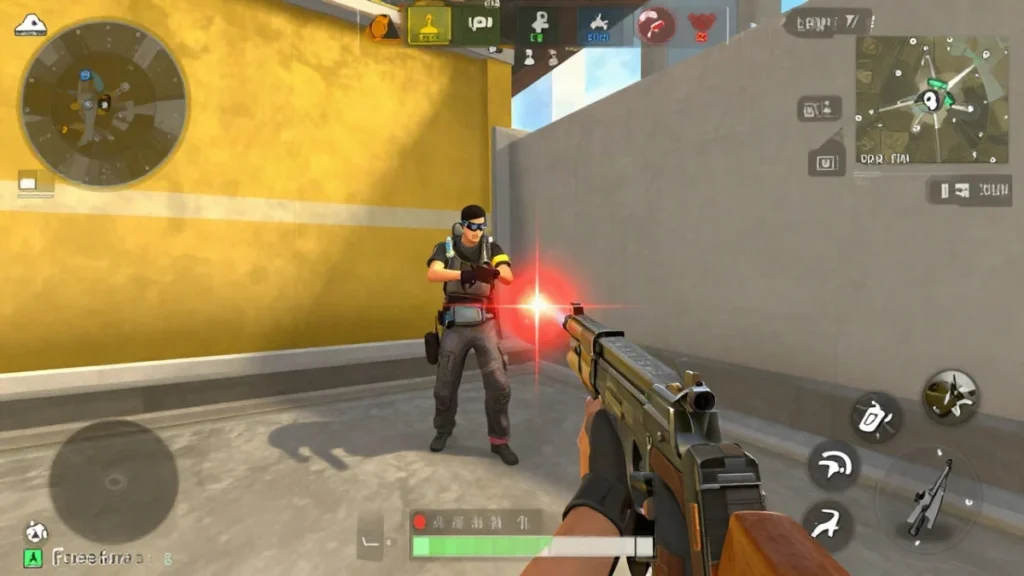 Personaje disparando una subametralladora en ráfagas cortas dentro de una casa, en una pelea de corto alcance durante una partida de battle royale.