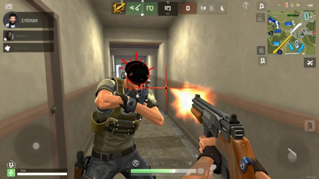 Mira de la Skorp en Free Fire: configuración para rush 2 Personaje genérico agachado detrás de un muro de hielo translúcido disparando una ráfaga corta mientras el retroceso del arma sube la mira, con un edificio gris al fondo.