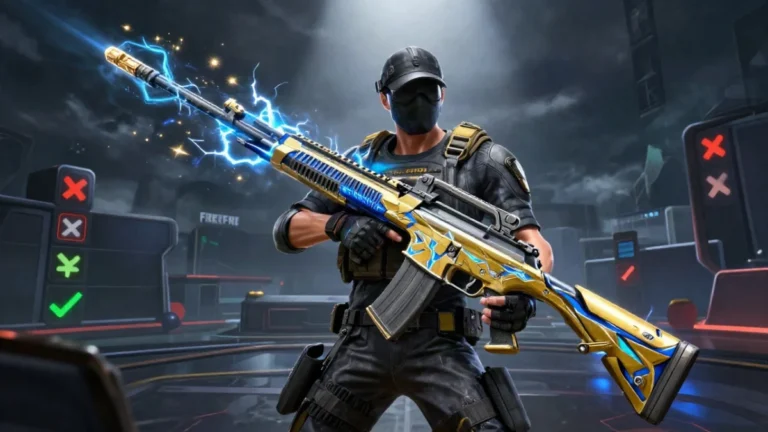 Personaje genérico con equipo táctico agachado detrás de una pared de hielo, apuntando un rifle de tirador con destellos eléctricos dorados y azules, en una isla tropical de la partida de Free Fire con la Woodpecker Raijin MVP.