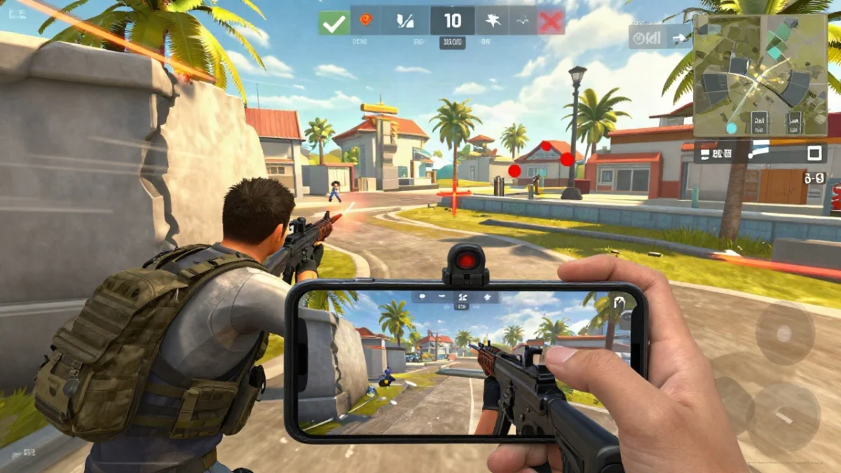Sensibilidad Free Fire 120 Hz: valores base y cómo ajustarlos 1 Personaje genérico con rifle de asalto y mira de punto rojo apuntando desde detrás de un muro de hielo en una isla tropical, durante una partida de sensibilidad Free Fire 120 Hz