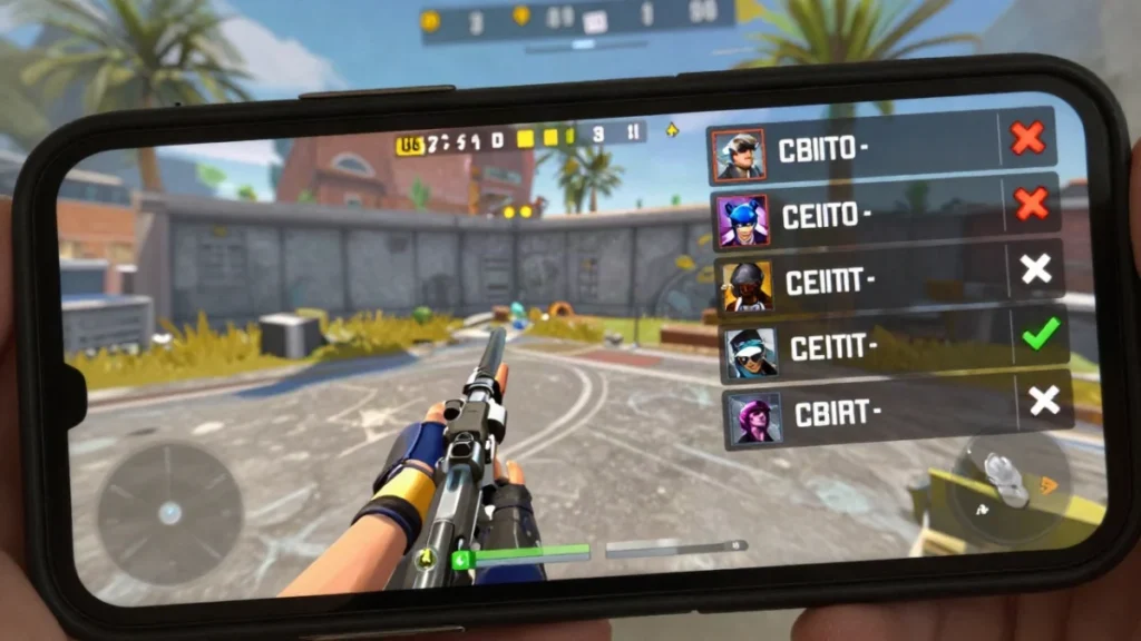 Nicks para clan de Free Fire: 40 tags de 4 letras que caben 2 Personaje genérico de Free Fire revisando el kill feed junto a su escuadra en una sala de espera, con el mapa de ciudad de fondo