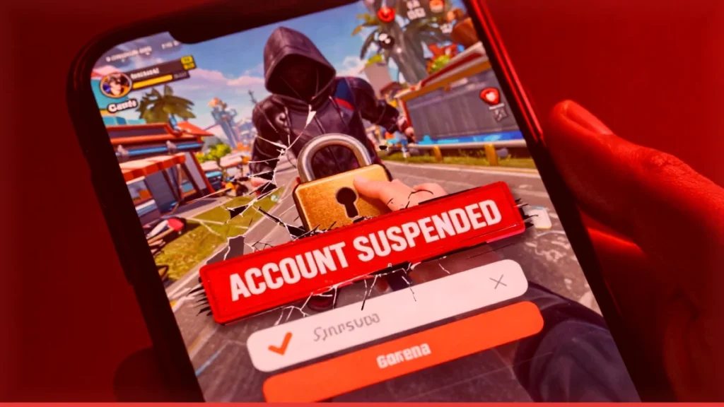Personaje genérico de un battle royale de celular revisando la tienda del juego en una ciudad, detrás de un muro de hielo, antes de elegir un paquete de diamantes