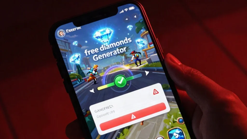 Códigos Free Fire en TikTok: por qué casi todos fallan 2 Personaje genérico en una ciudad del mapa mirando un panel emergente sospechoso mientras se prepara para la partida