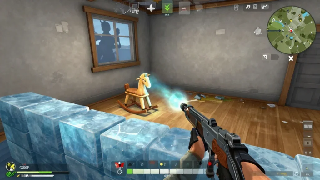 Álbum Lo Oculto Free Fire: cómo completar las 22 fotos 2 Personaje genérico en una habitación de madera con una pared de hielo desplegada en la puerta, cubriéndose antes de revelar una anomalía.