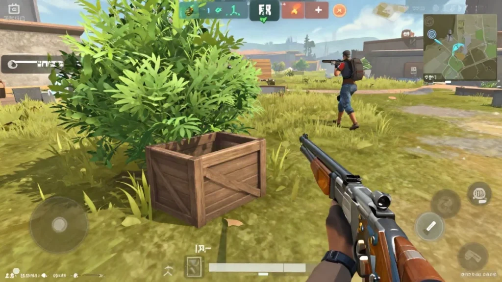 Personaje genérico escondido entre arbustos cerca del borde de la zona, esperando a un enemigo que se acerca corriendo, en una emboscada con la habilidad de camuflaje