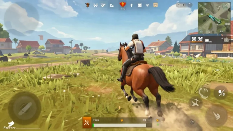 Personaje genérico montando un caballo en un campo abierto de la isla, cerca de muros de cobertura, en una captura de gameplay de Caballo Free Fire