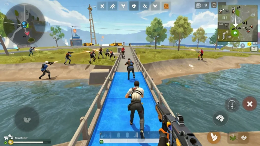 Lugares para caer en Purgatorio según tu plan de partida 2 Personaje táctico detrás de una gloo wall de hielo en un puente sobre un río, mientras rota por terreno abierto con la zona cerrándose al fondo.