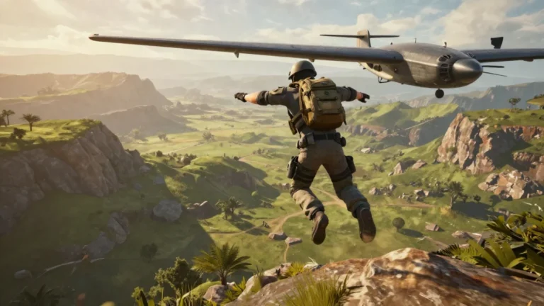 Soldado genérico de estilo battle royale saltando desde un avión que vuela bajo sobre un valle con colinas y crestas rocosas al amanecer, en una imagen que ilustra dónde caer en Purgatorio.