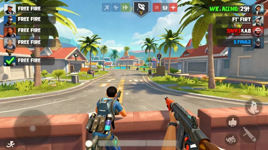 Nombres para gremio Free Fire con letras bonitas que sí se ven 2 Tres personajes genéricos de una escuadra avanzando por una calle de ciudad en una partida de Free Fire, con el kill feed borroso en la esquina superior derecha
